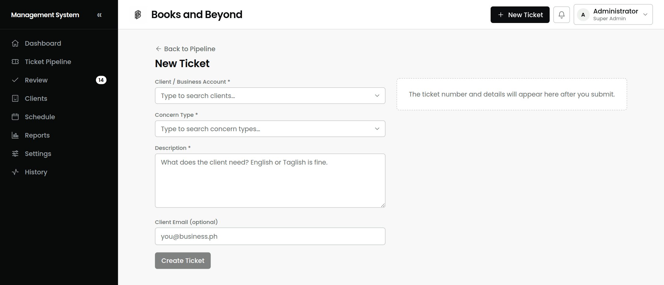 Staff New Ticket form